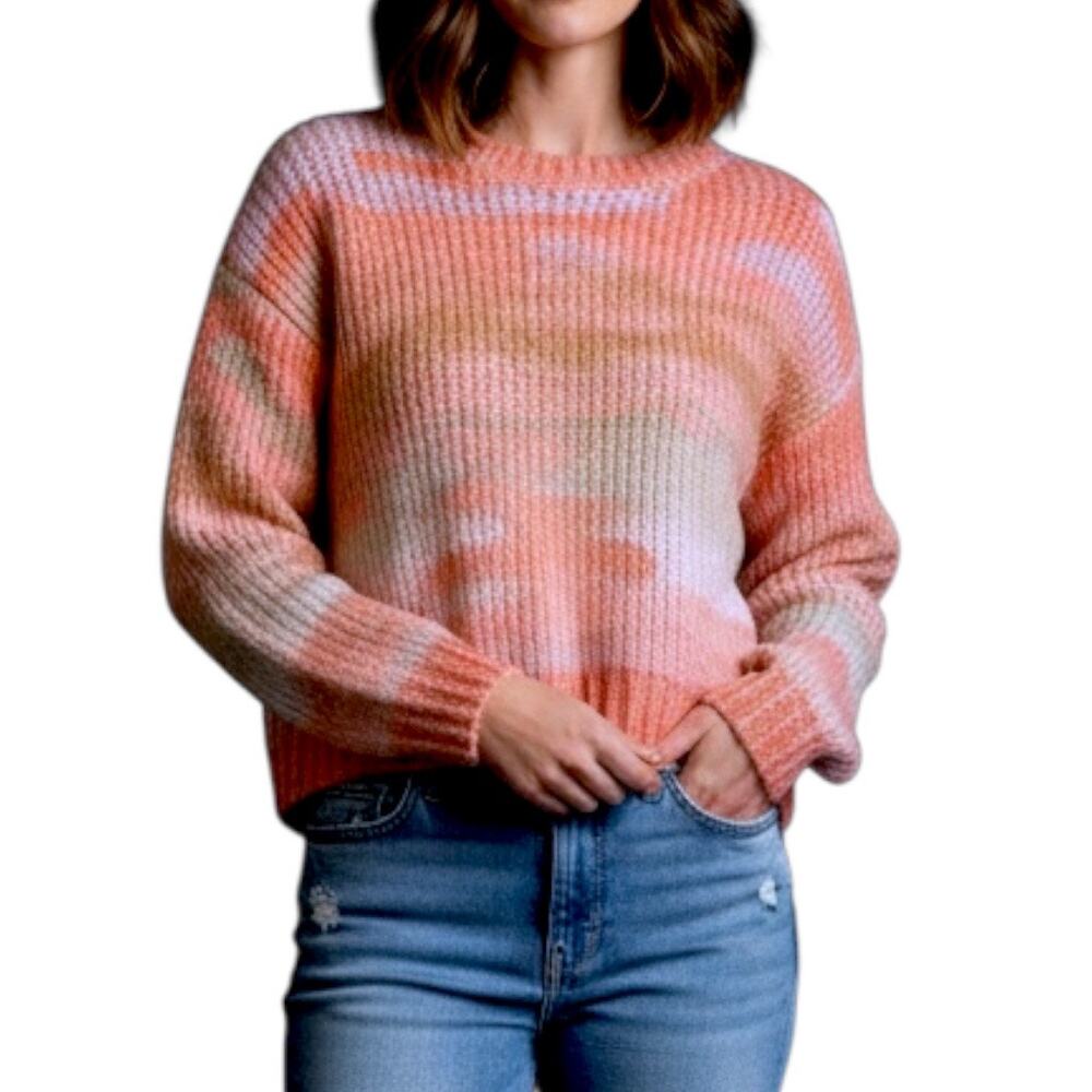 Studio B by Bobeau‎ Sunrise Pink Tan Crewneck Soft Ribbed Sweater Size L